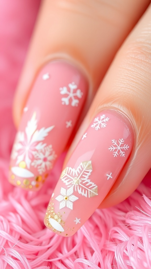 Close-up of pink Christmas nails with Japanese designs, featuring snowflakes and glitter.